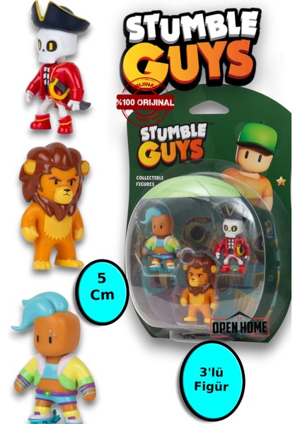 Stumble Guys 5 cm 3'lü Figür - Captain Noheart - Leonidas- Velocit - 3 Adet