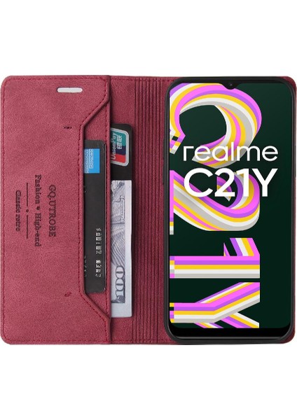 Realme C21Y Kickstand Iki Kart Yuvaları Premium Deri Premium Için Kılıf (Yurt Dışından)