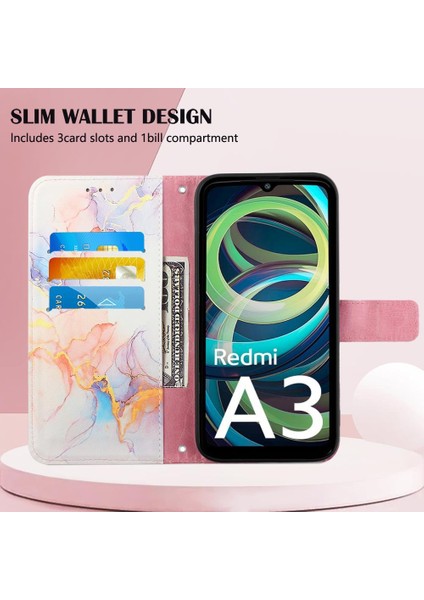 Xiaomi Redmi A3 Mermer Desen Cüzdan Kickstand Pu Deri Kılıf (Yurt Dışından) fırsatları
