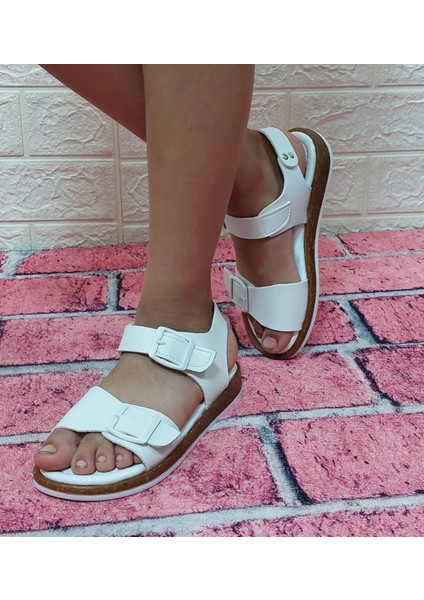 Fiyra Beyaz Ayarlanabilir Tokalı El Yapımı Ortapedik Kız Çocuk Sandalet