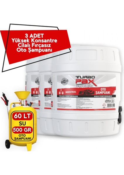 3 Adet 20 Litre Yüksek Konsantre Cilalı Fırçasız Oto Köpük (500GR/60LT)