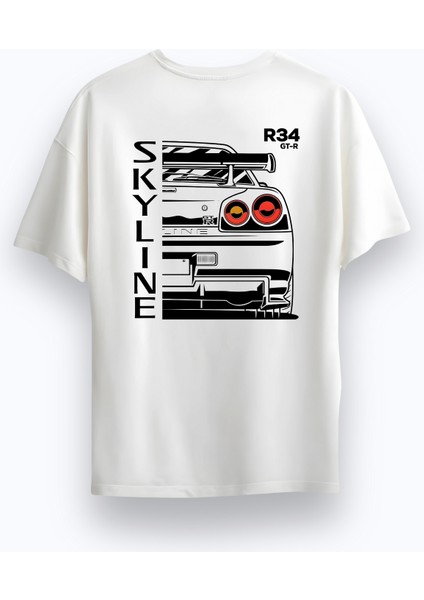Unisex Oversize Bisiklet Yaka Skyline R34 Baskılı Kısa Kollu Beyaz Tişört