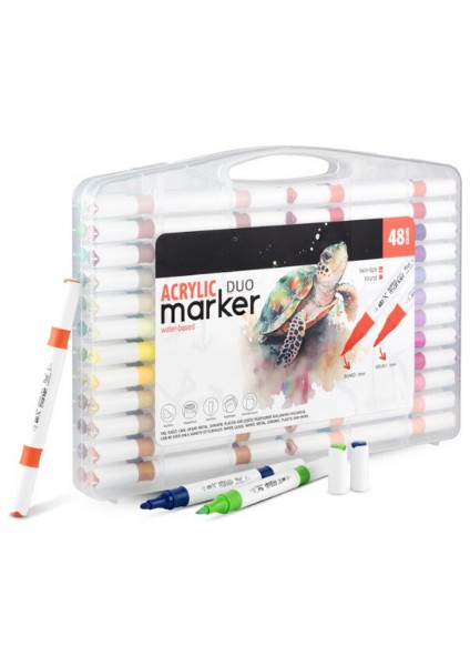 Acrylic Duo Marker Çift Uçlu Su Bazlı Akrilik Boyama Markörü Seti 48 Renk