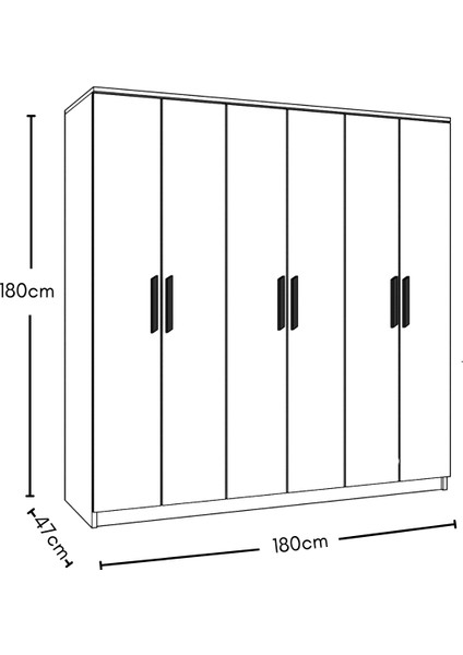 Gm 089 Favorite 6 Kapılı Aynasız Beyaz Siyah Kulplu Gardırop