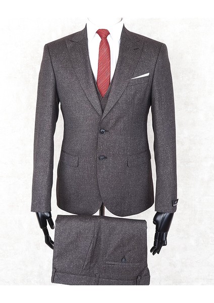 Slim Fit Sivri Yaka-Çift Yırtmaç Açık Kahverengi Drop 6 Yelekli Takım Elbise