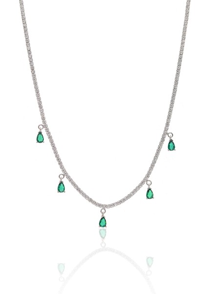 Zümrüt Taşlı Damla Model 925 Ayar Gümüş Su Yolu Gerdanlık Kolye 201023187