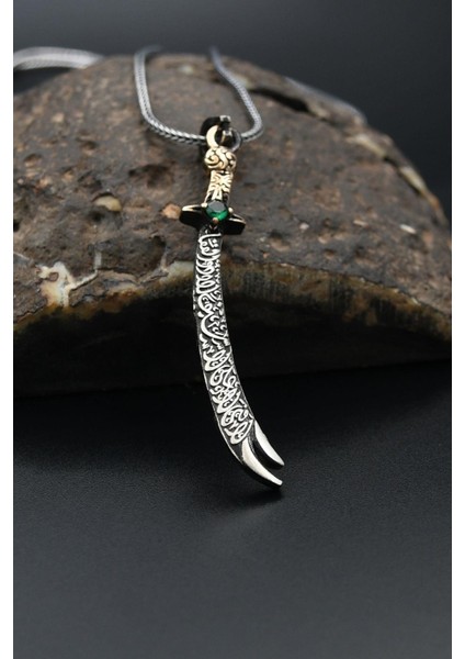 Gümüş Hz. Ali ( Zülfikar Kılıcı ) Figürlü Gümüş Erkek Kolye Zincir Yeşil Zirkon Taşlı fırsatları