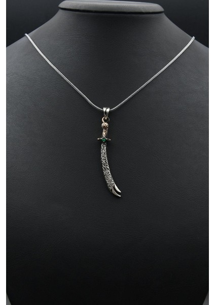 Gümüş Hz. Ali ( Zülfikar Kılıcı ) Figürlü Gümüş Erkek Kolye Zincir Yeşil Zirkon Taşlı indirimleri