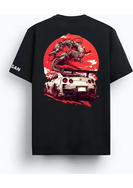 Unisex Oversize Bisiklet Yaka Skyline R35 Baskılı Kısa Kollu Siyah Tişört