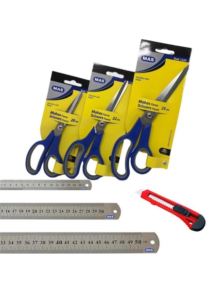 Makas Seti 3'lü 25 + 22 + 20 cm 3'lü + Çelik Cetvel Seti 15 + 30 + 50 cm 3'lü + Maket Bıçağı Hediye