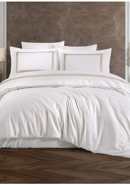 Nakışlı Pamuk Saten Nevresim Takımı Bej - Katrina