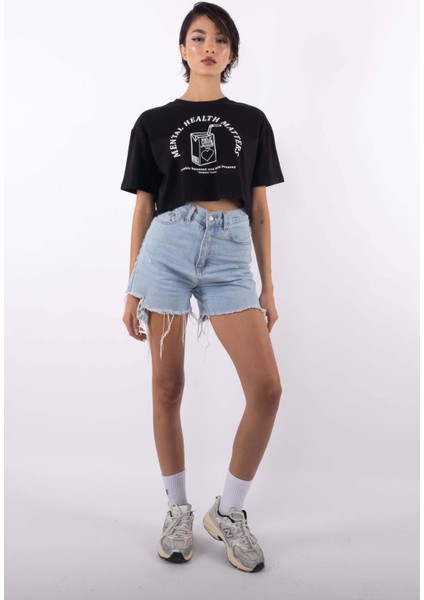 Juice Oversize Kadın Crop T-Shirt Siyah
