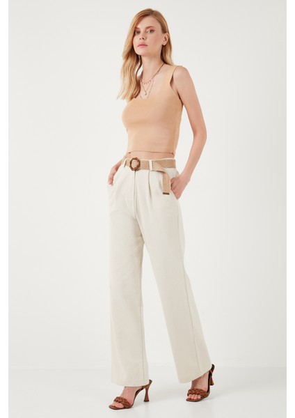 Pamuklu Yüksek Bel Kemerli Palazzo Pantolon Bayan Pantolon 673PY2005 fiyatları