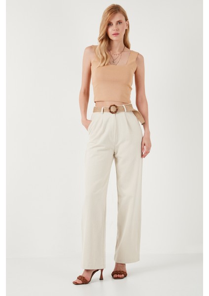 Pamuklu Yüksek Bel Kemerli Palazzo Pantolon Bayan Pantolon 673PY2005 modelleri