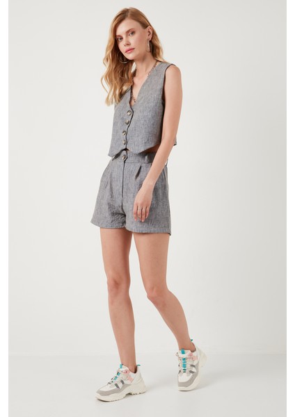 Flamlı Regular Fit V Yaka Yelekli Şortlu Takım Bayan Takım 67045802S4