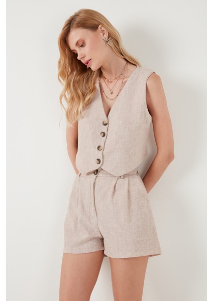 Flamlı Regular Fit V Yaka Yelekli Şortlu Takım Bayan Takım 67045802S4 indirimleri