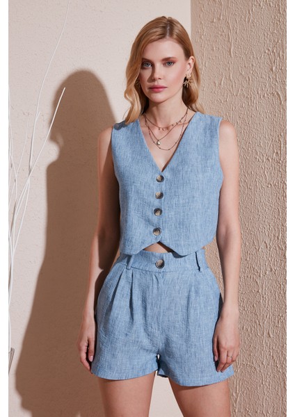 Flamlı Regular Fit V Yaka Yelekli Şortlu Takım Bayan Takım 67045802S4