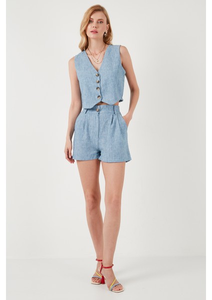 Flamlı Regular Fit V Yaka Yelekli Şortlu Takım Bayan Takım 67045802S4 modelleri