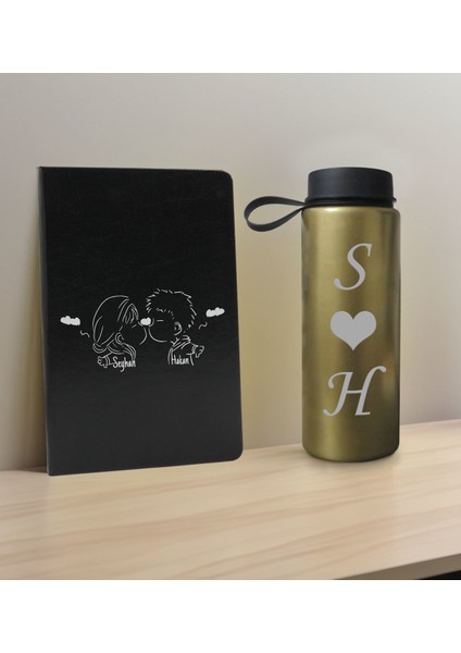 Sevgiliye Özel İsimli Siyah Defter ve Gold Cam Matara Hediye Seti 3 Sevgiliye Hediye Sevgililer Günü Yeni Iş Hediyesi
