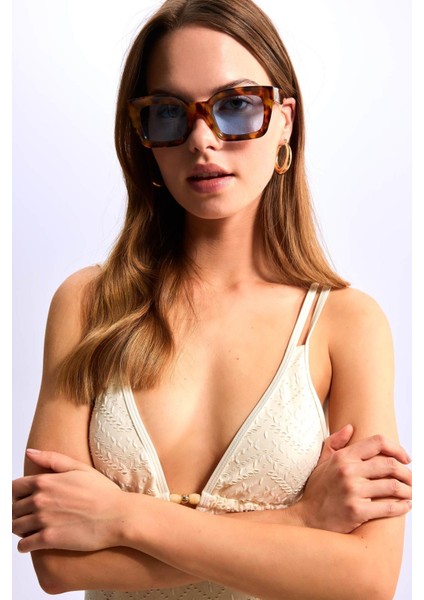 Kadın Leopar Desenli Dikdörtgen Güneş Gözlüğü D2921AXNS