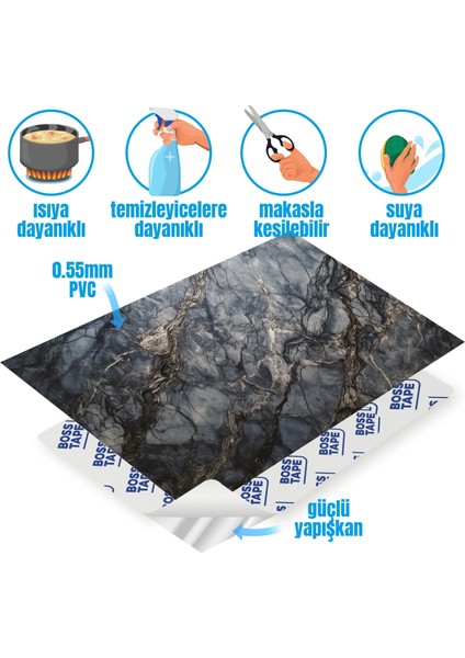 4 Adet Pvc Karo Kendinden Yapışkanlı Banyo Mutfak Fayans Kaplama 41 x 62 cm Siyah Mermer modelleri