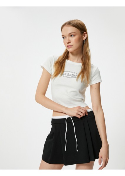 Crop Tişört Baskılı Kısa Kollu Slim Fit Bisiklet Yaka
