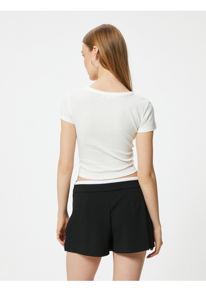 Crop Tişört Baskılı Kısa Kollu Slim Fit Bisiklet Yaka
