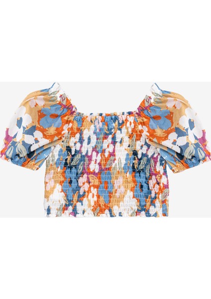 Tara Çiçek Desenli Kız Çocuk Crop Bluz