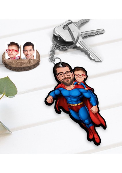 Kişiye Özel Süper Baba-Çocuk Karikatürlü Ahşap Anahtarlık-3, Babalar Günü Hediyesi, Babaya Hediye