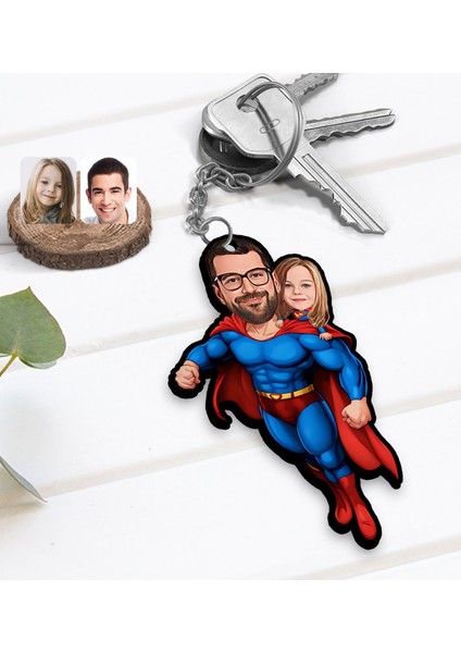 Kişiye Özel Süper Baba-Çocuk Karikatürlü Ahşap Anahtarlık-3, Babalar Günü Hediyesi, Babaya Hediye fiyatları