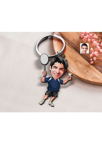 Kişiye Özel Erkek Badminton Karikatürlü Ahşap Anahtarlık-1 Sevgiliye Hediye, Arkadaşa Hediye, Doğum Günü Hediyesi modelleri