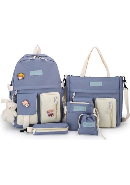 Dake 5 Parça Tuval Kumaş Okul Sırt Çantası Seti - Mavi (Yurt Dışından)