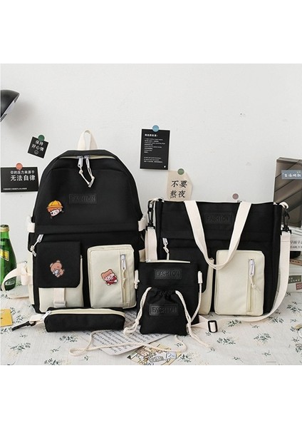 Dake 5 Parça Tuval Kumaş Okul Sırt Çantası Seti - Mavi (Yurt Dışından)