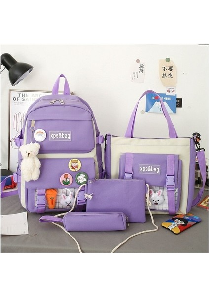 Scbxm Schoolgirls Hafif Taze ve Sevimli Büyük Kapasiteli Okul Çantası 4 Parça Set (Yurt Dışından)