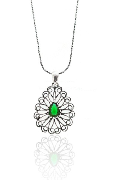 Zümrüt Taşlı Damla Model Kadın 925 Ayar Gümüş Telkari Üçlü Set 201023146