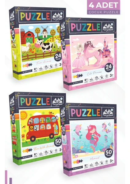 4 Adet Puzzle - 24 P. Çiftlik Hayvanları ve Sevimli Prenses ve 50 P. Otobüs ve Deniz Kızı