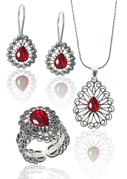 Yakut Taşlı Damla Model Kadın 925 Ayar Gümüş Telkari Üçlü Set 201023145