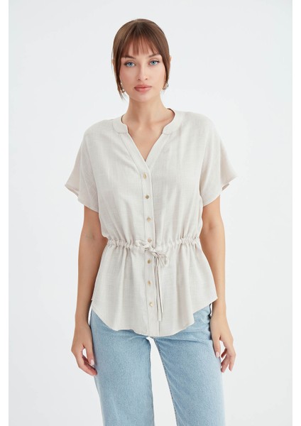 Önü Büzgülü Viskon Keten Bluz