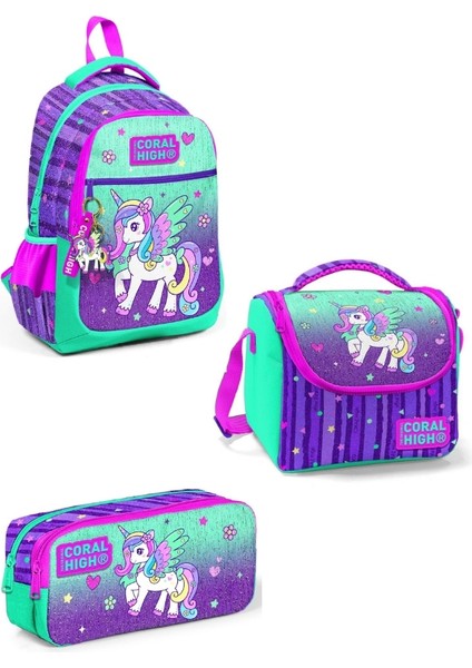 Mor Su Yeşili Unicorn Desenli 3’lü Okul Çanta