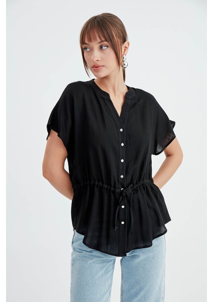 Önü Büzgülü Viskon Keten Bluz