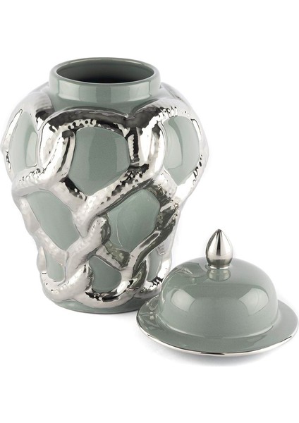 Silver Kabartmalı Gri Küp Kapaklı Vazo 20X20X35CM