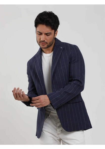 Lacivert Erkek Regular Fit Çizgili Sivri Yaka Keten Ceket 104439 fırsatları
