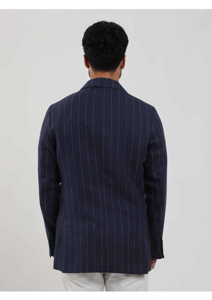 Lacivert Erkek Regular Fit Çizgili Sivri Yaka Keten Ceket 104439 indirimleri