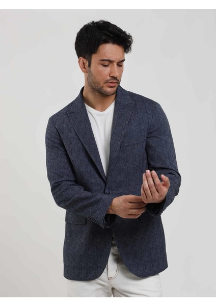 Lacivert Erkek Slim Fit Çizgili Sivri Yaka Ceket 104442