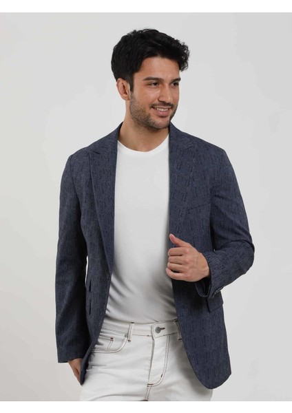 Lacivert Erkek Slim Fit Çizgili Sivri Yaka Ceket 104442