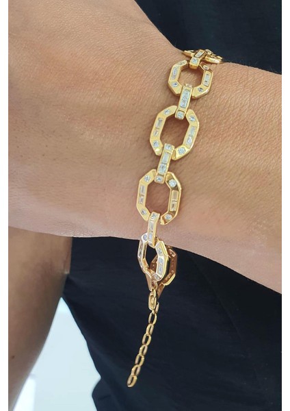 Zirkon Taş Detaylı 925AYAR Gümüş Üzerine Altın Kaplama Tasarım Bileklik fiyatları