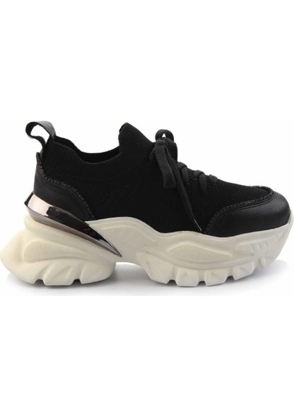 Siyah Siyah Triko Hakiki Deri Kadın Sneaker K01480004903