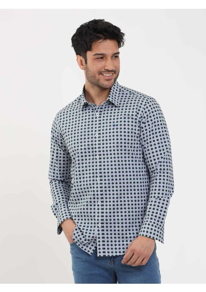 Yeşil Erkek Slim Fit Puantiyeli Brent Düğmeli Yaka Uzun Kol Gömlek - 104339