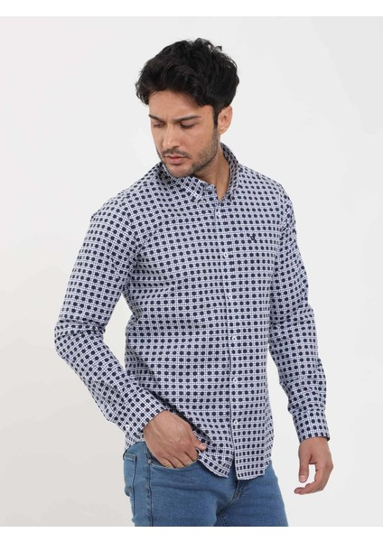 Lacivert Erkek Slim Fit Puantiyeli Brent Düğmeli Yaka Uzun Kol Gömlek - 104349 modelleri