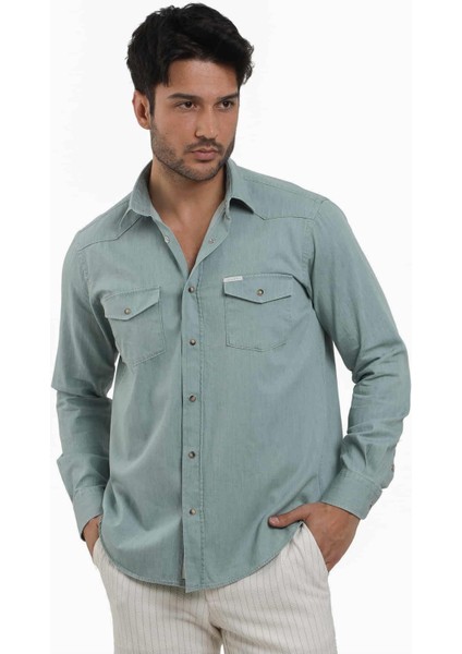 Yeşil Erkek Regular Fit Düz Klasik Yaka Uzun Kol Gömlek - 104835